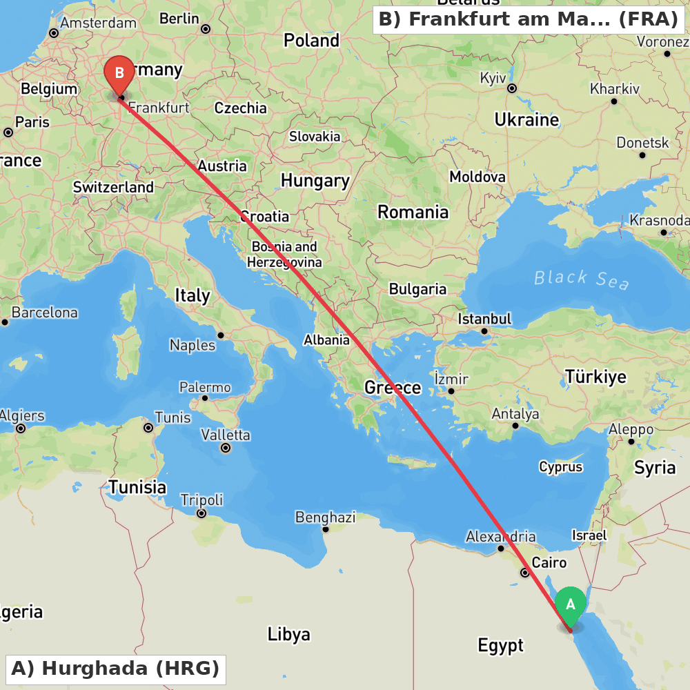 Flight route map from Hurghada to Frankfurt am Main