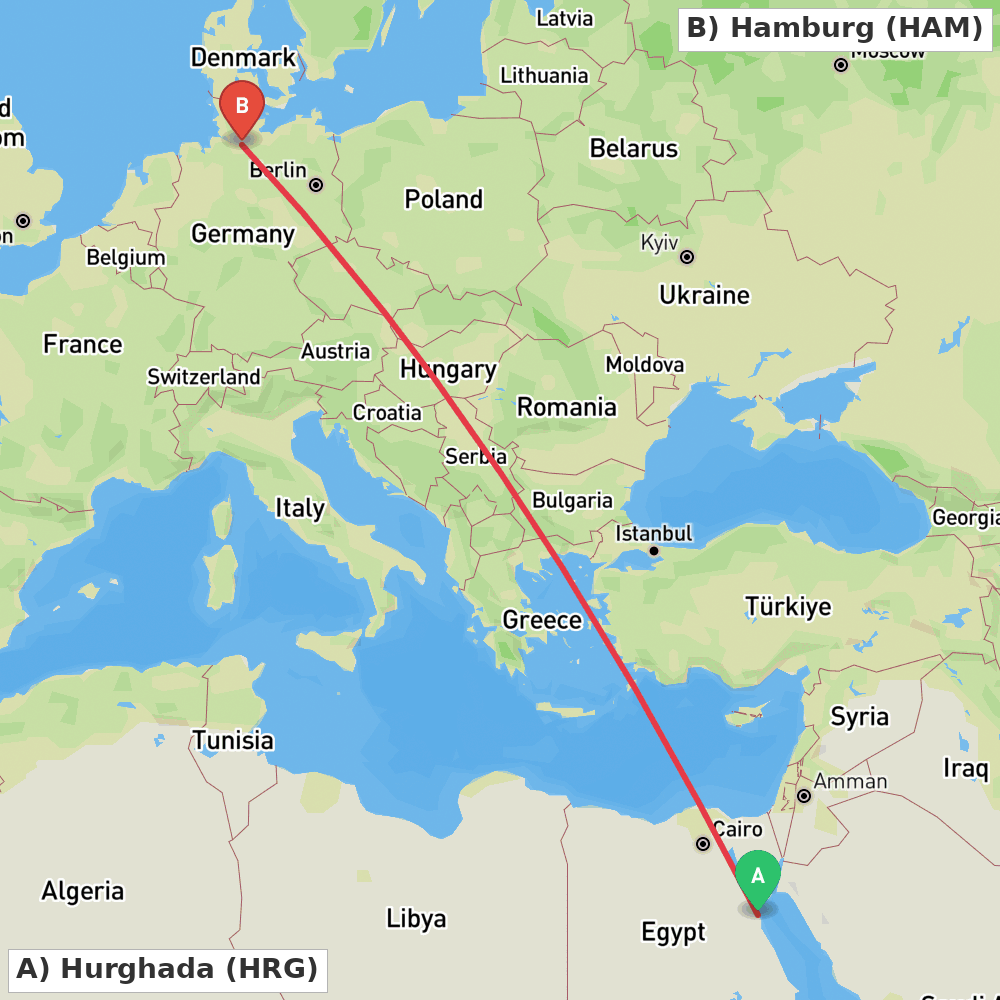 Flight route map from Hurghada to Hamburg
