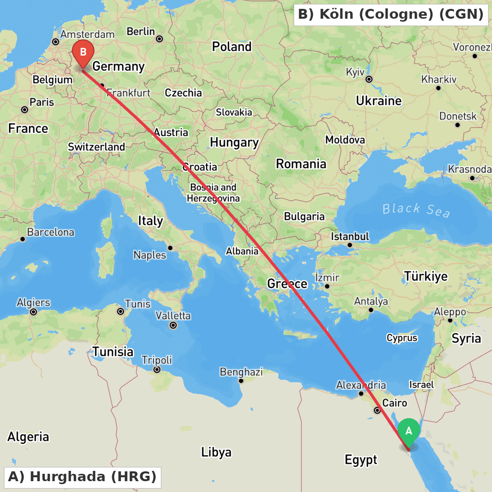 Flight route map from Hurghada to Köln (Cologne)