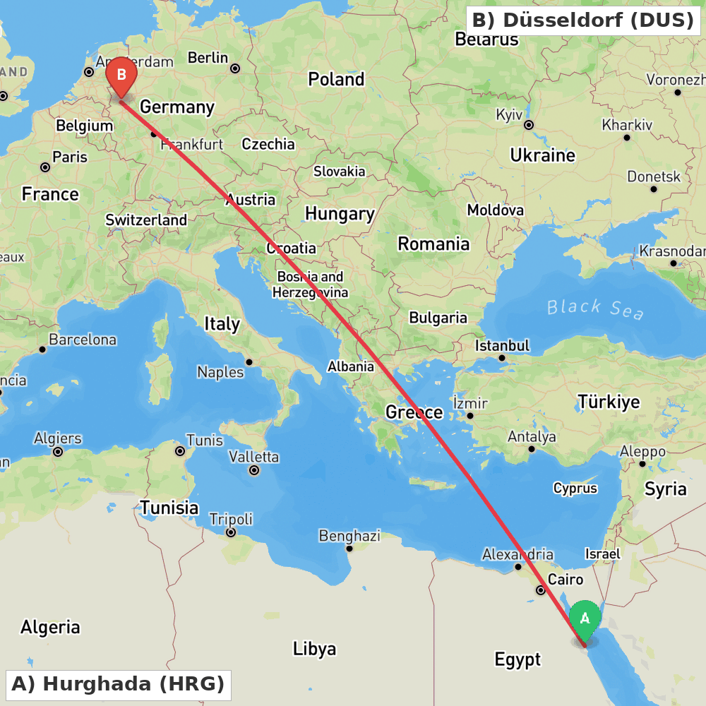 Flight route map from Hurghada to Düsseldorf