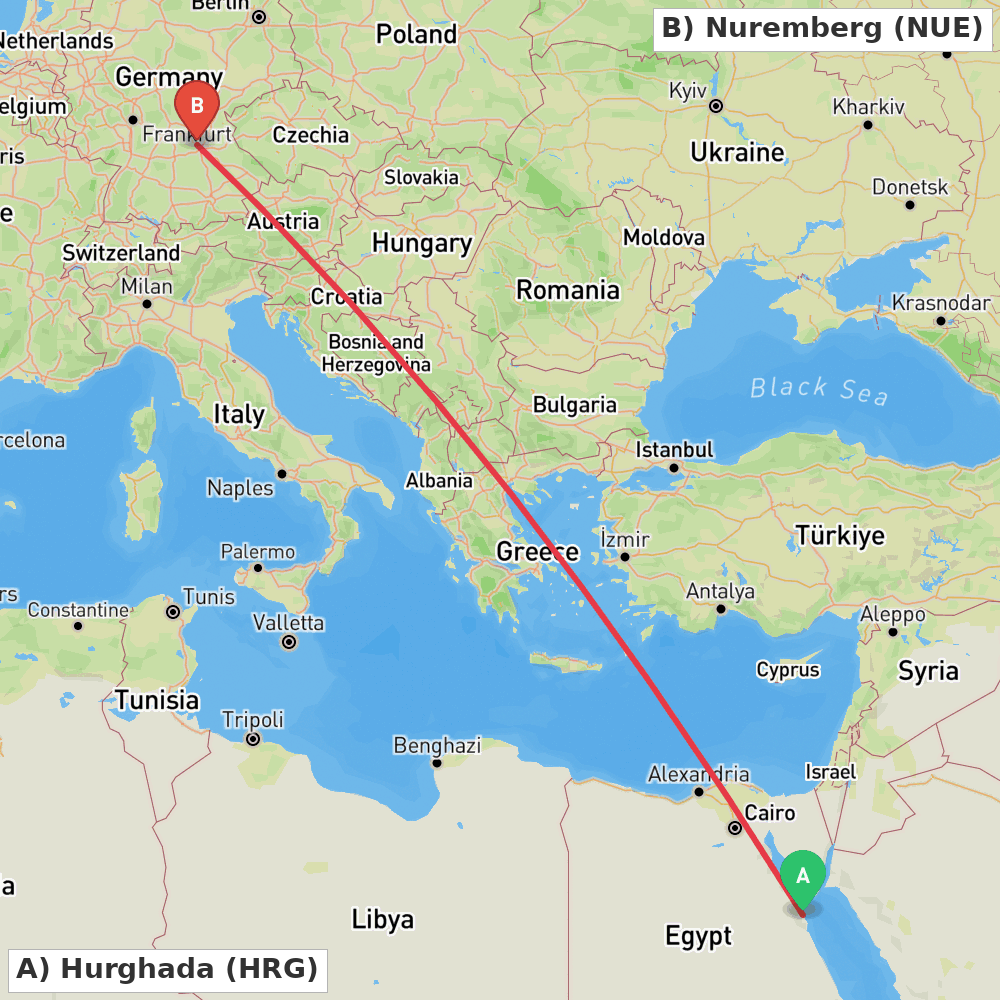 Flight route map from Hurghada to Nuremberg