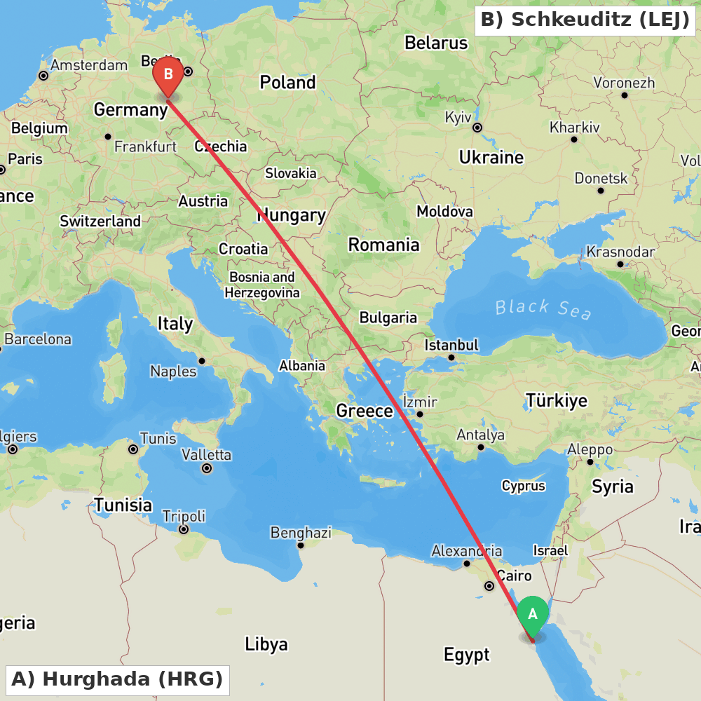 Flight route map from Hurghada to Schkeuditz