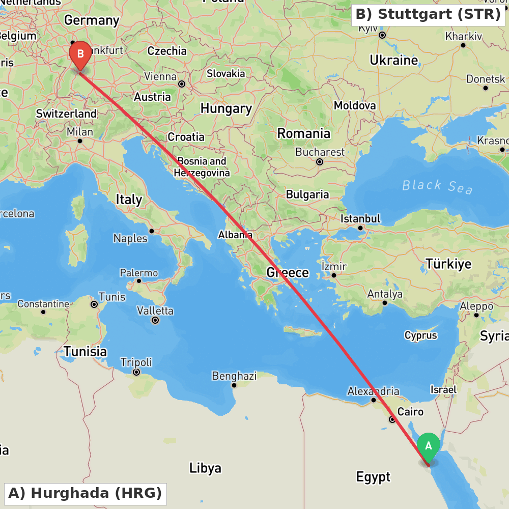 Flight route map from Hurghada to Stuttgart