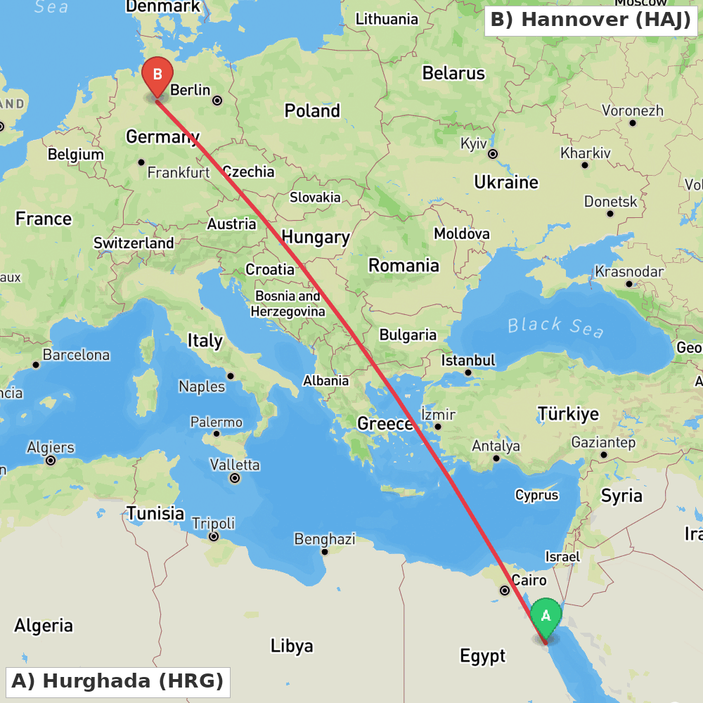 Flight route map from Hurghada to Hannover