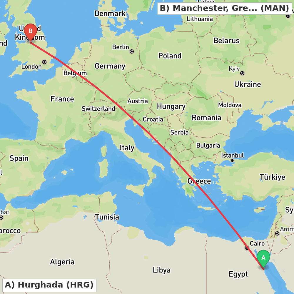 Flight route map from Hurghada to Manchester, Greater Manchester