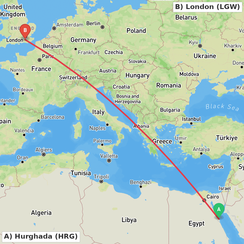 Flight route map from Hurghada to London