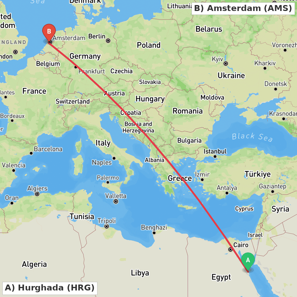 Flight route map from Hurghada to Amsterdam