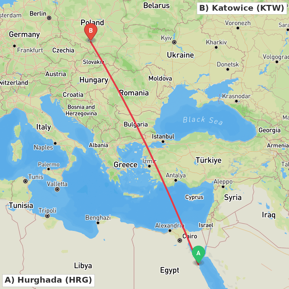 Flight route map from Hurghada to Katowice