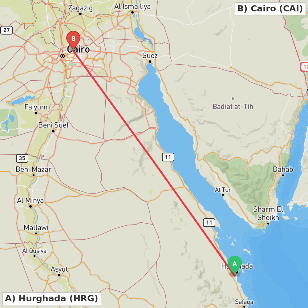 Flight route map from Hurghada to Cairo