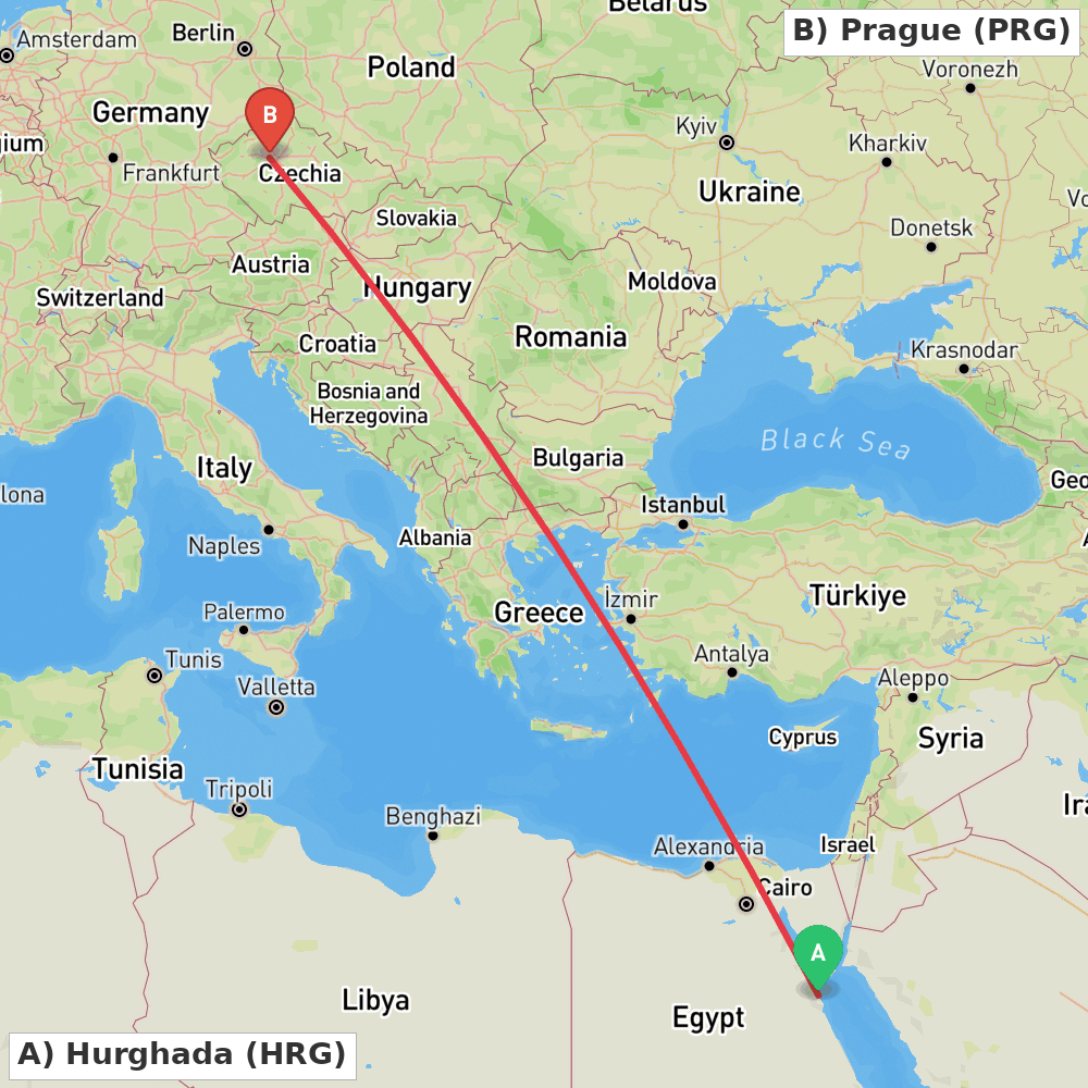 Flight route map from Hurghada to Prague