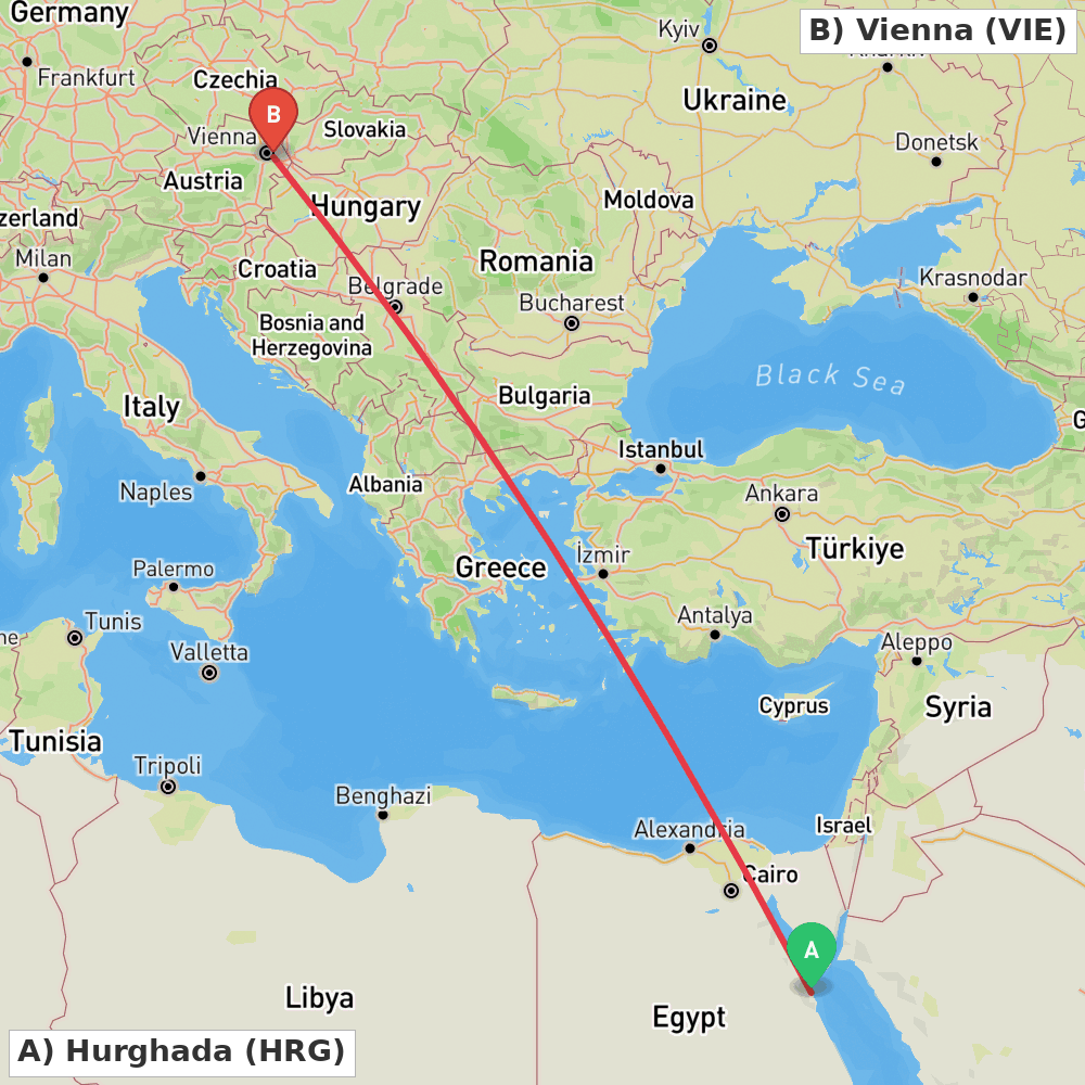 Flight route map from Hurghada to Vienna