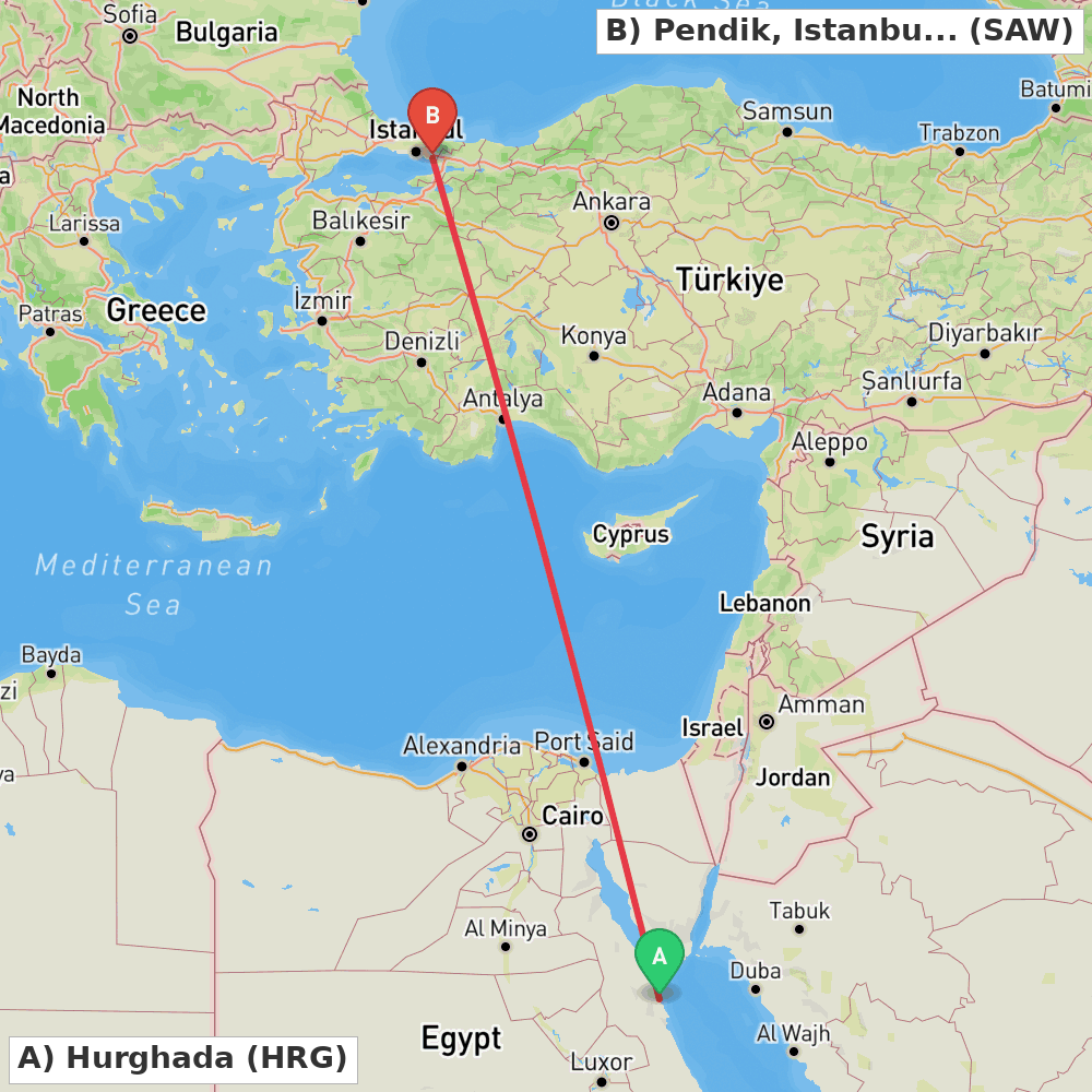 Flight route map from Hurghada to Pendik, Istanbul