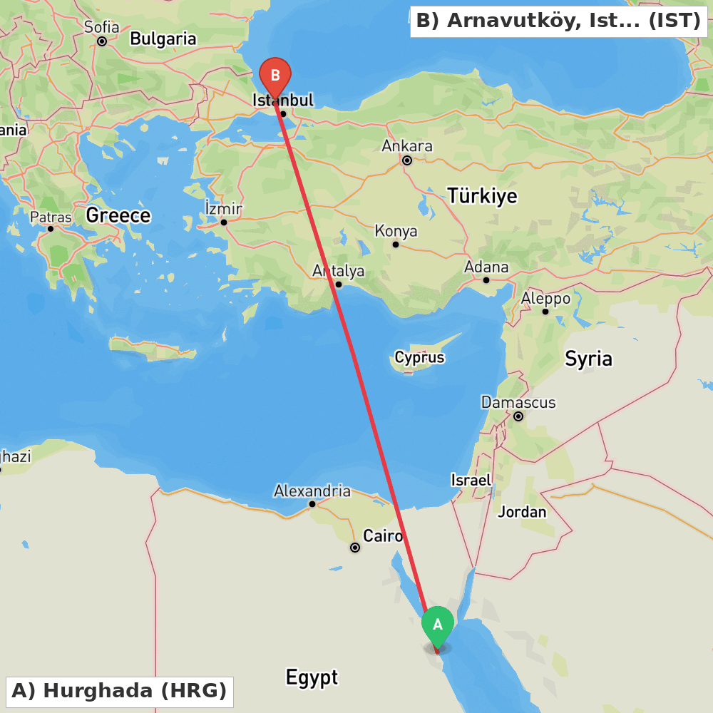 Flight route map from Hurghada to Arnavutköy, Istanbul