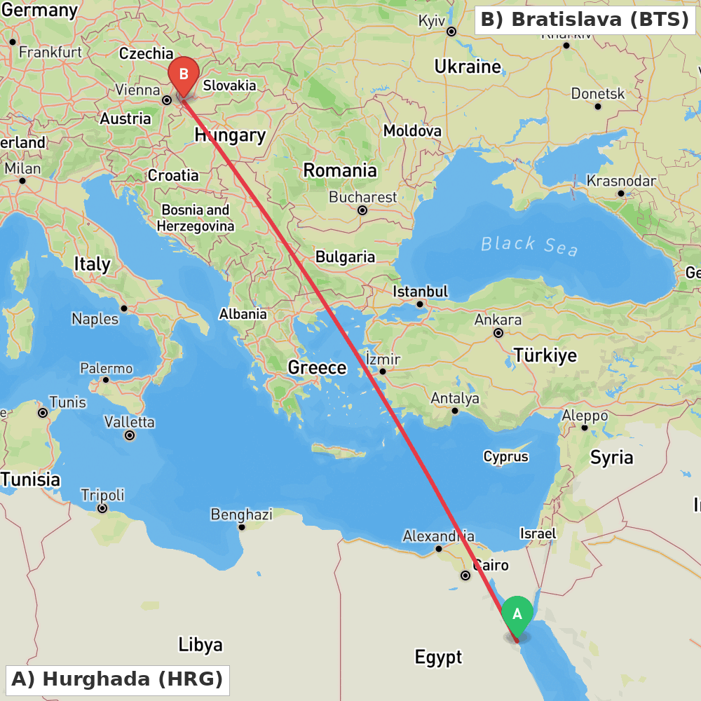 Flight route map from Hurghada to Bratislava