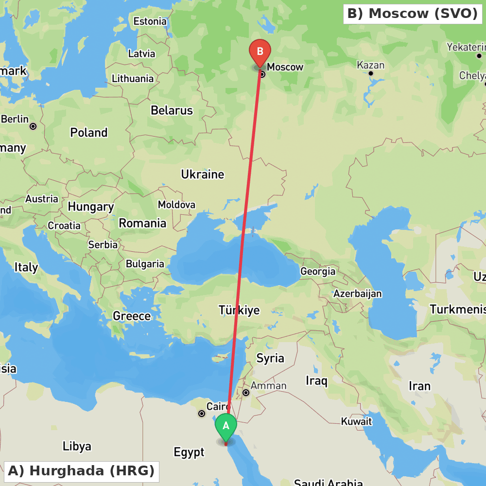 Flight route map from Hurghada to Moscow