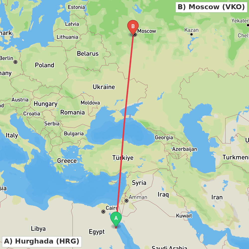 Flight route map from Hurghada to Moscow
