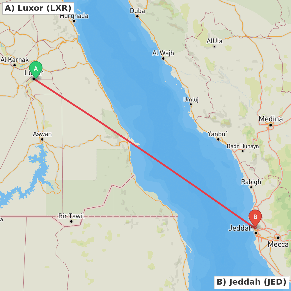 Flight route map from Luxor to Jeddah