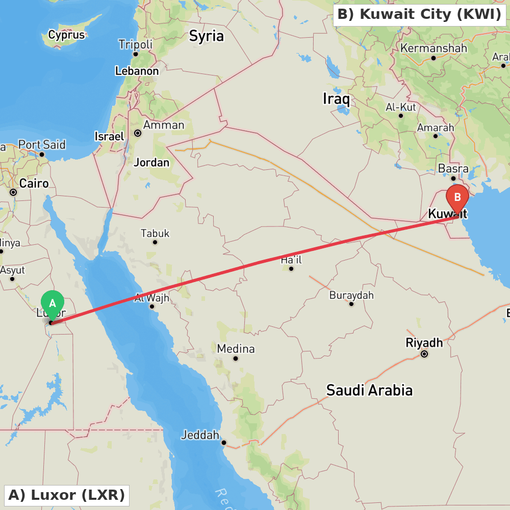 Flight route map from Luxor to Kuwait City