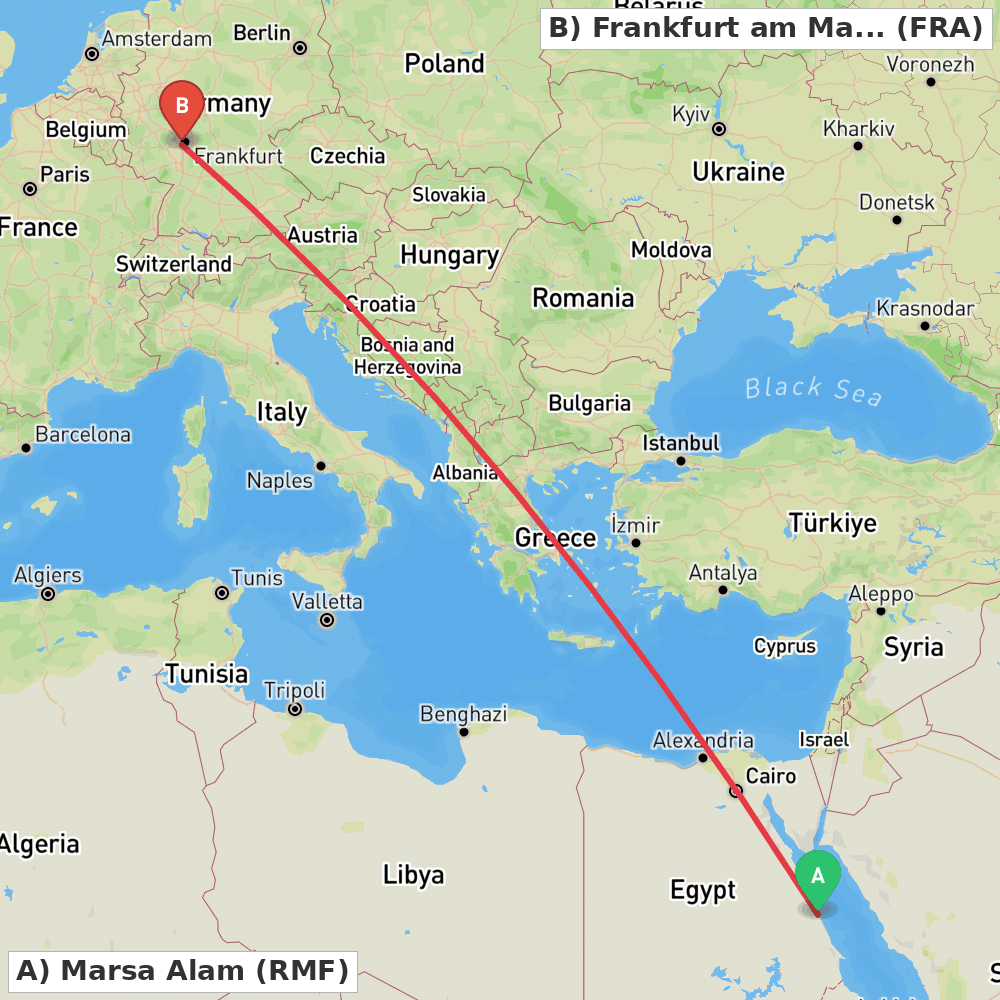 Flight route map from Marsa Alam to Frankfurt am Main