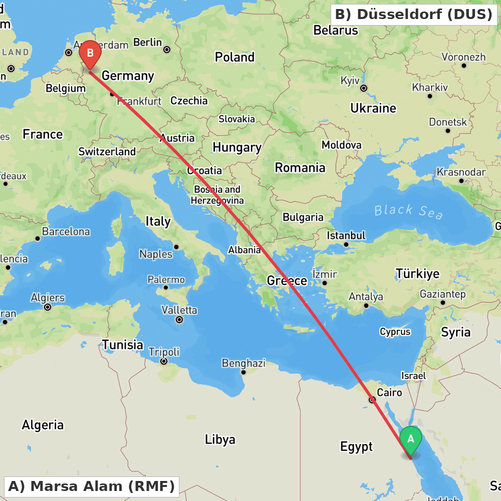 Flight route map from Marsa Alam to Düsseldorf
