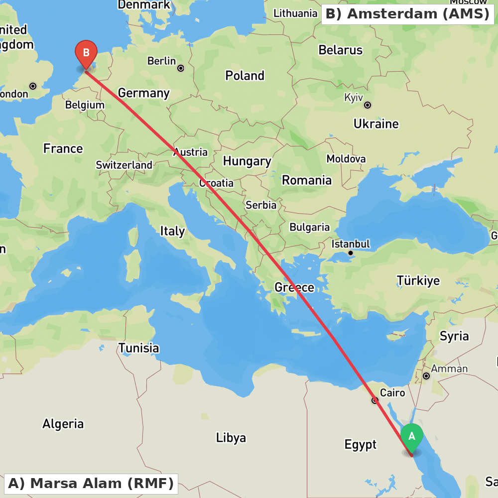 Flight route map from Marsa Alam to Amsterdam