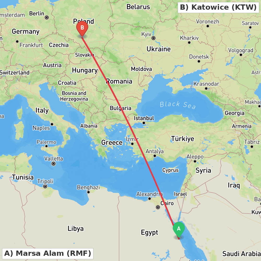 Flight route map from Marsa Alam to Katowice