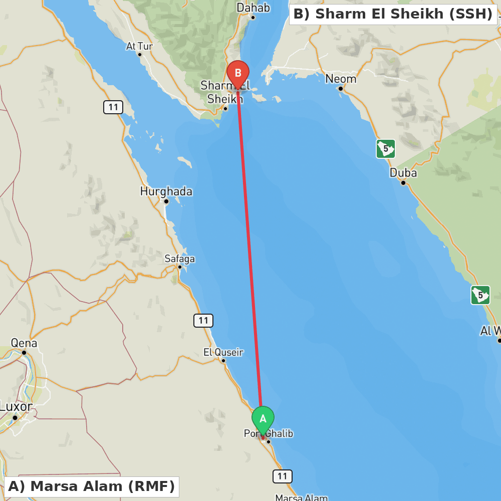 Flight route map from Marsa Alam to Sharm El Sheikh