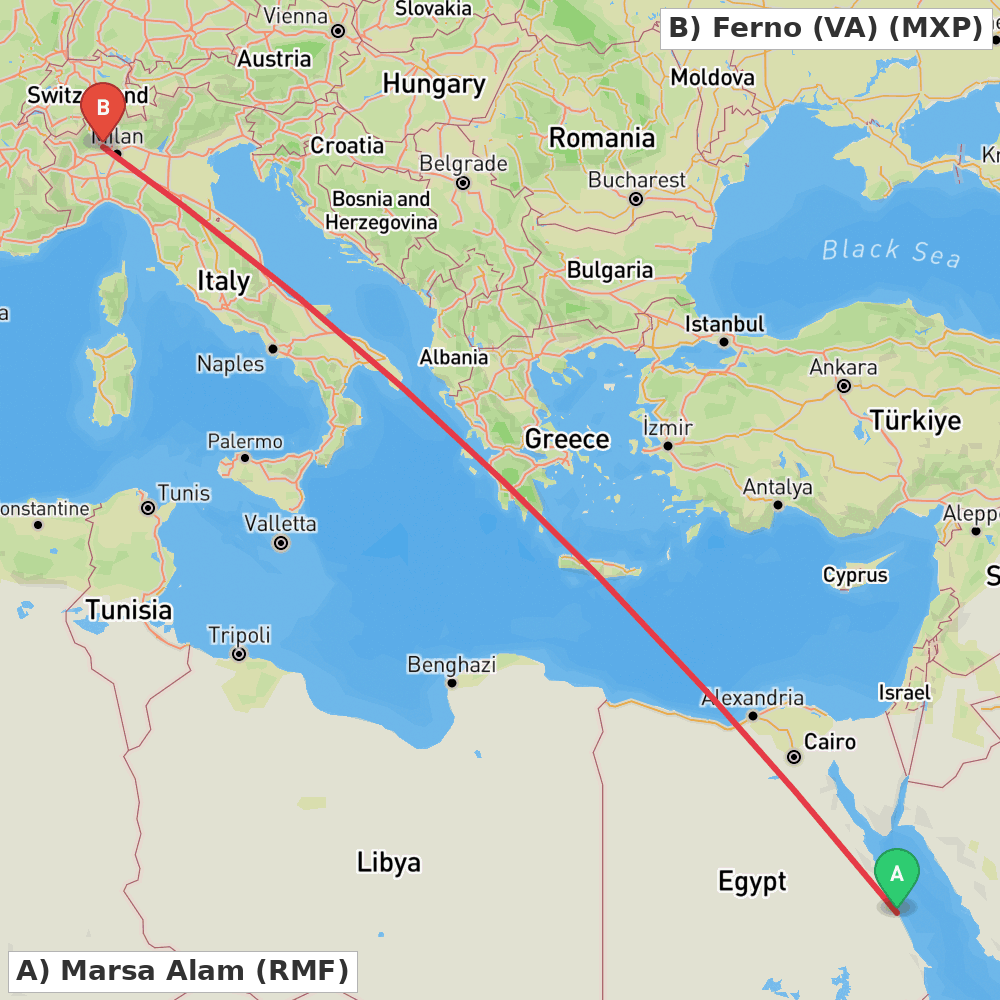 Flight route map from Marsa Alam to Ferno (VA)
