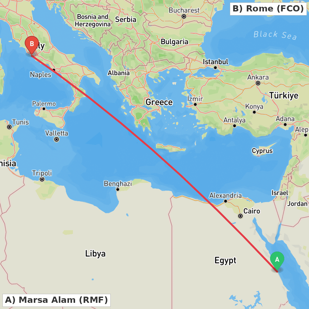 Flight route map from Marsa Alam to Rome