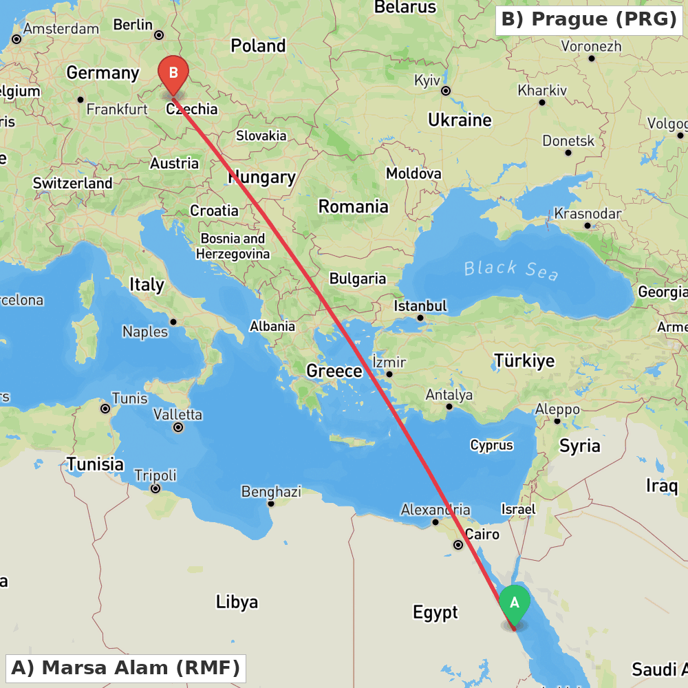 Flight route map from Marsa Alam to Prague