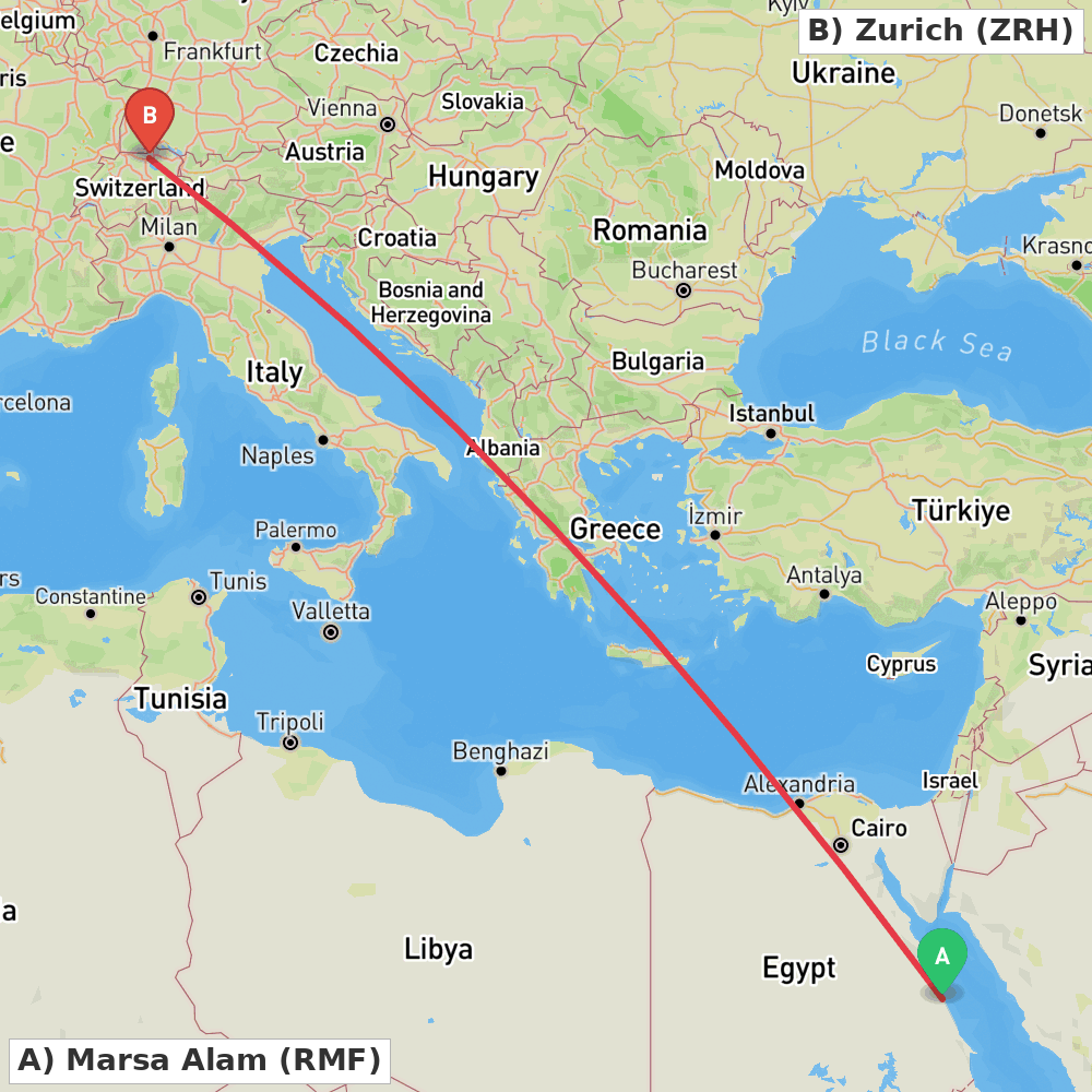 Flight route map from Marsa Alam to Zurich