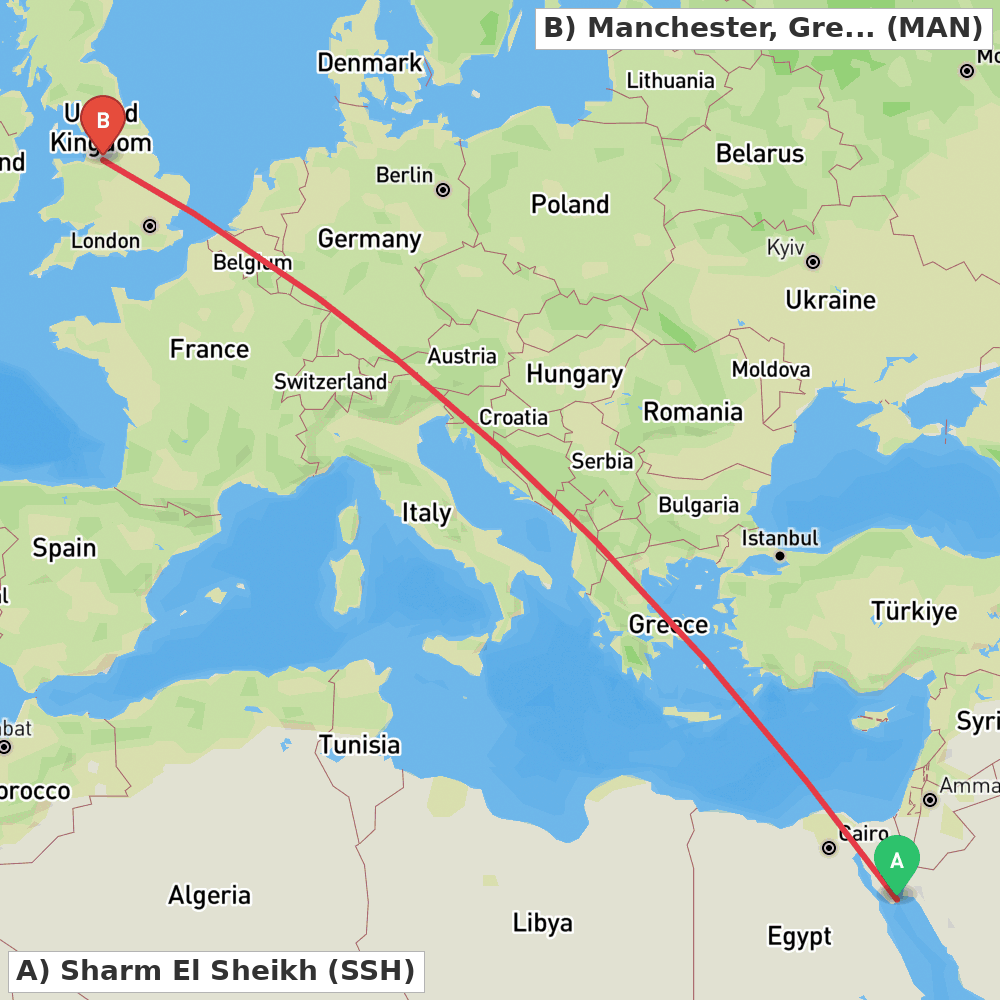 Flight route map from Sharm El Sheikh to Manchester, Greater Manchester