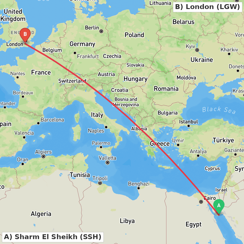 Flight route map from Sharm El Sheikh to London