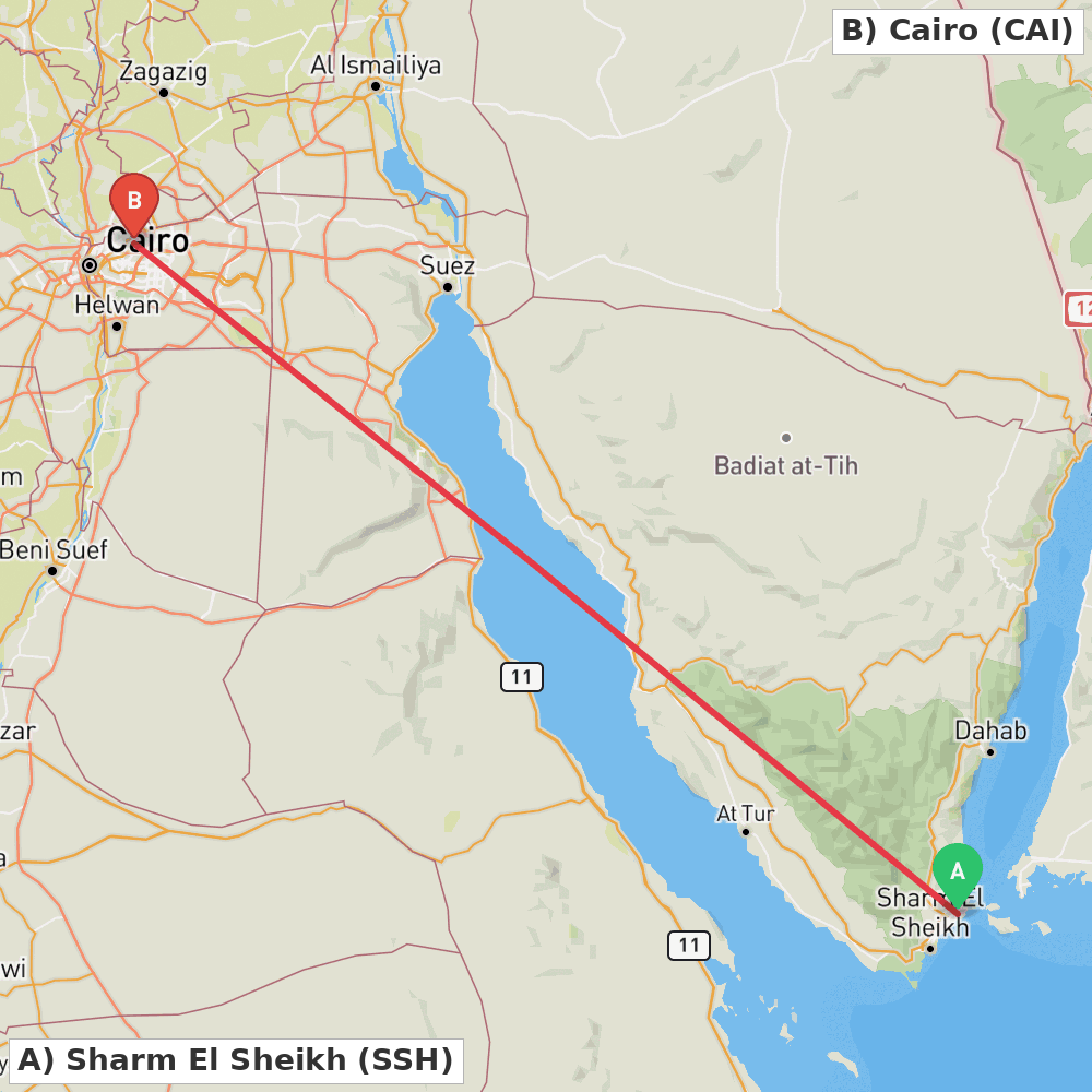 Flight route map from Sharm El Sheikh to Cairo
