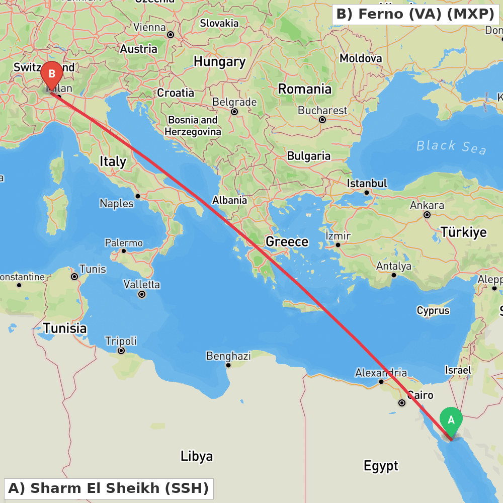 Flight route map from Sharm El Sheikh to Ferno (VA)