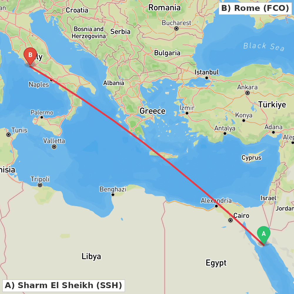 Flight route map from Sharm El Sheikh to Rome