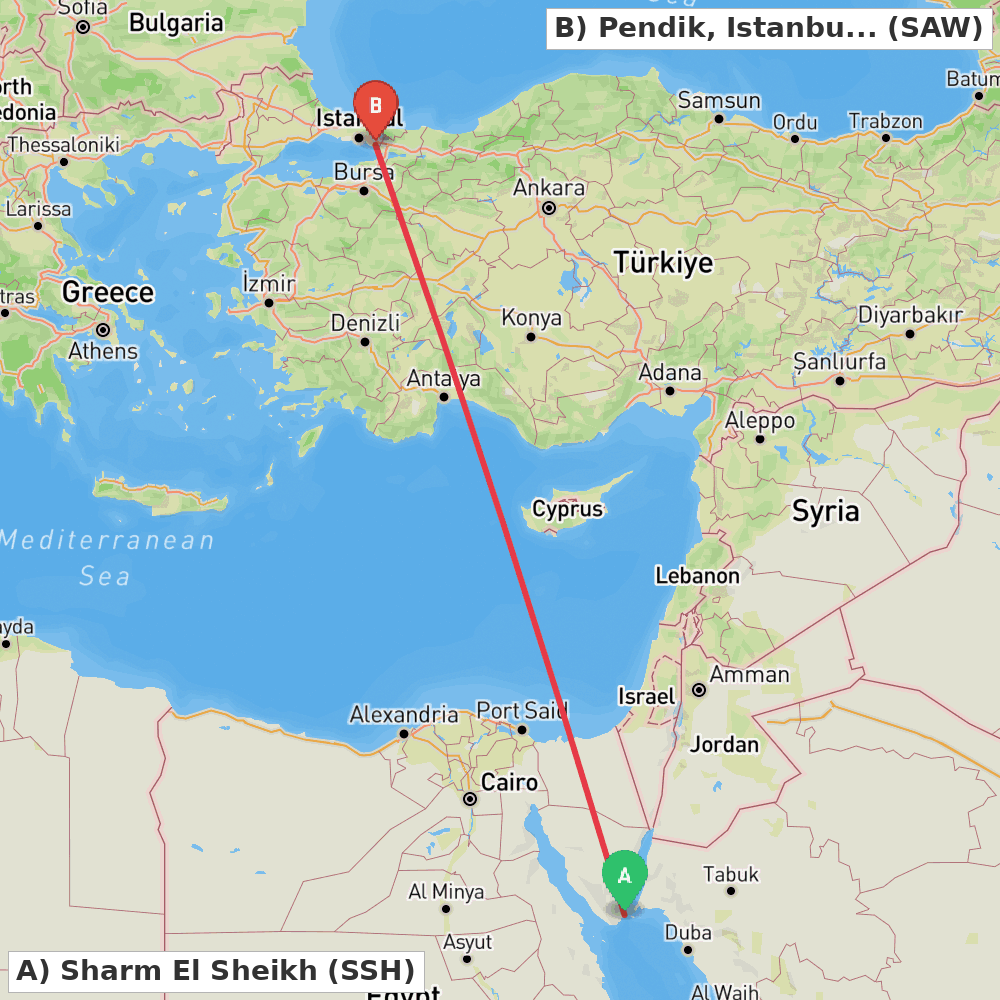Flight route map from Sharm El Sheikh to Pendik, Istanbul
