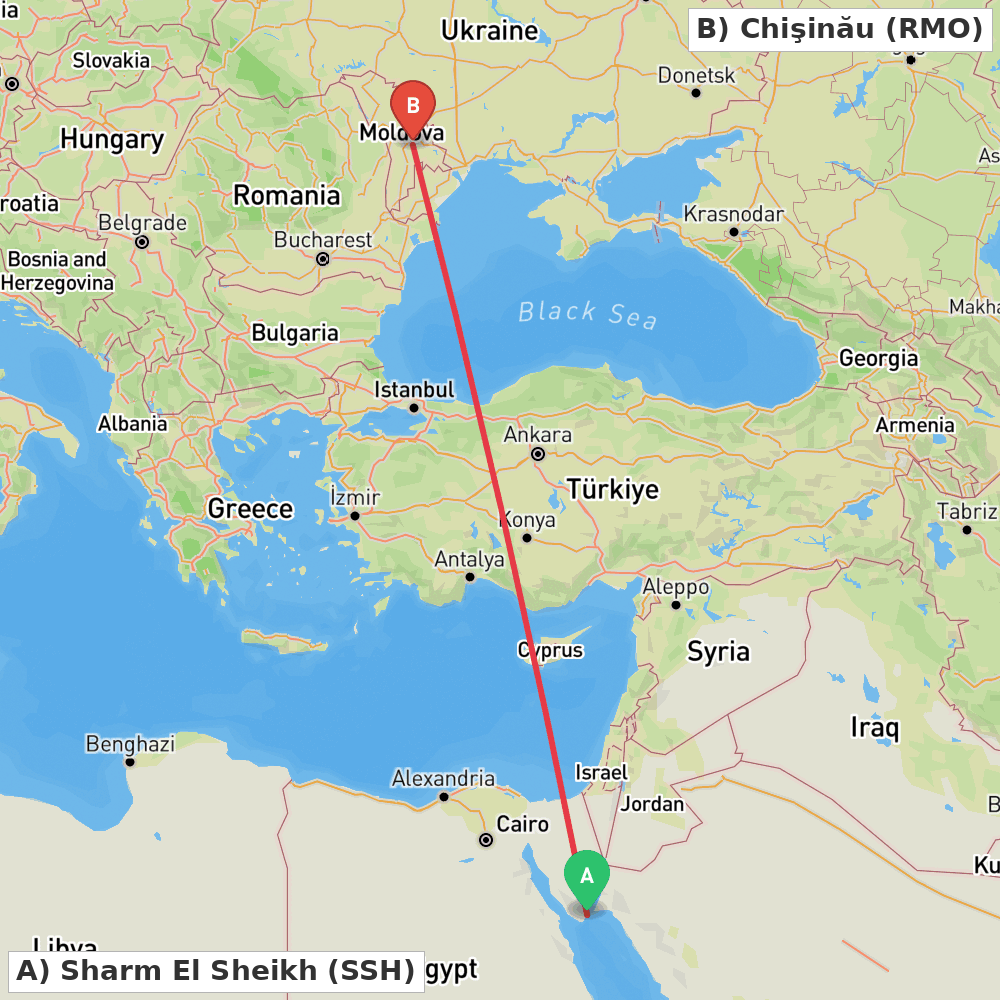 Flight route map from Sharm El Sheikh to Chişinău