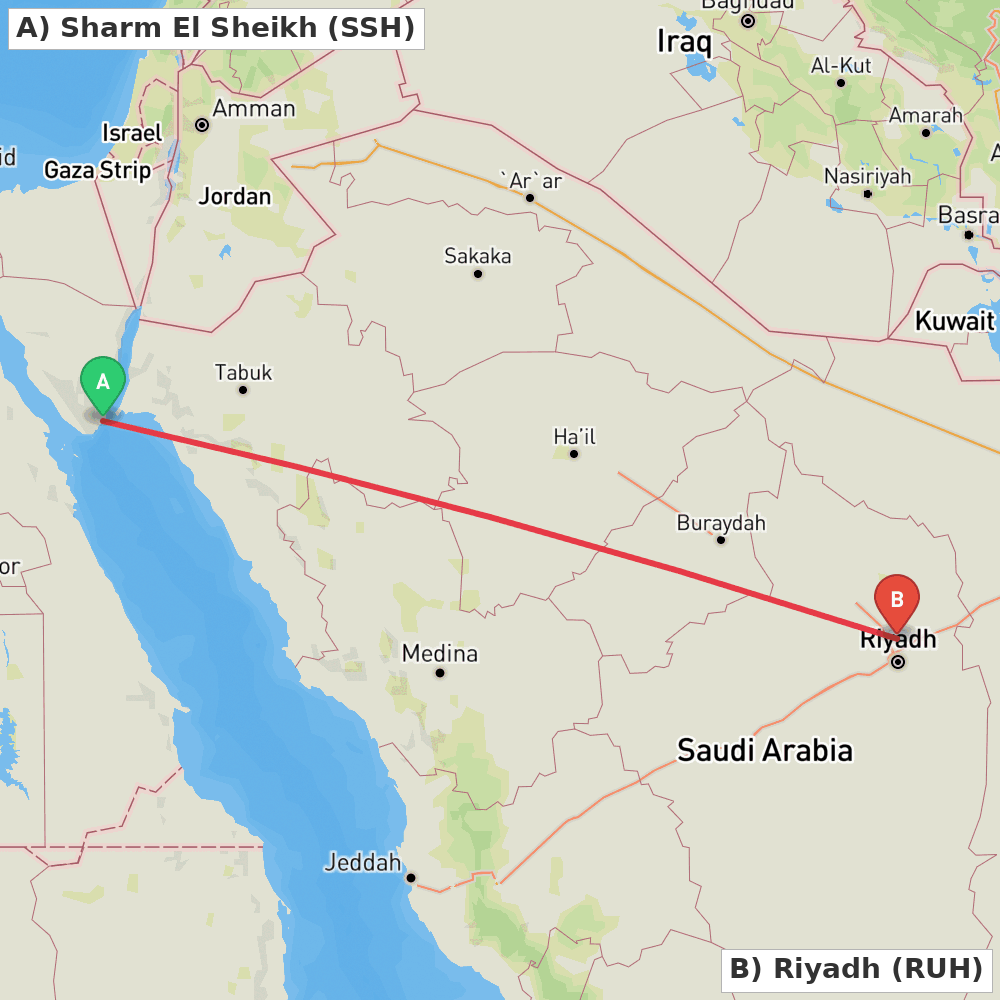 Flight route map from Sharm El Sheikh to Riyadh