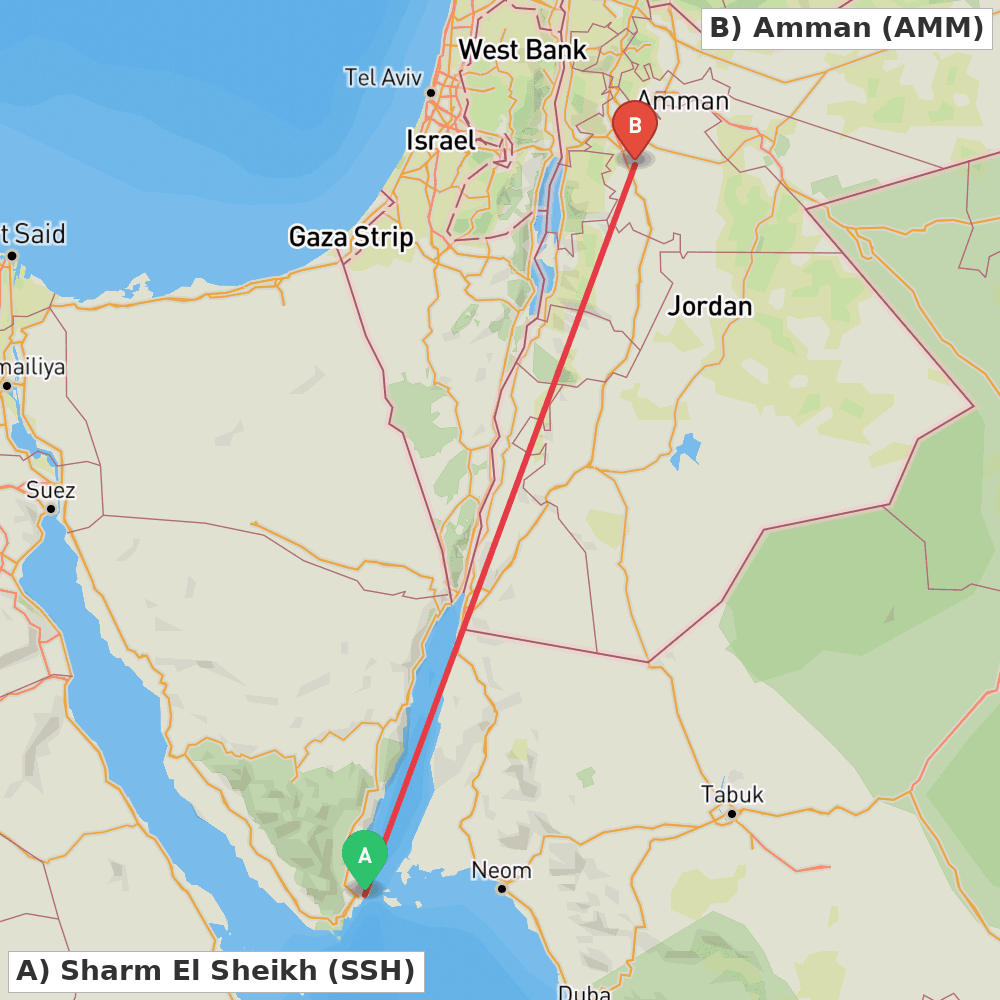 Flight route map from Sharm El Sheikh to Amman