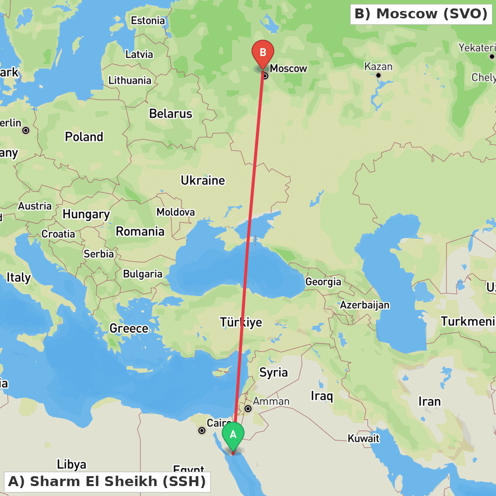 Flight route map from Sharm El Sheikh to Moscow
