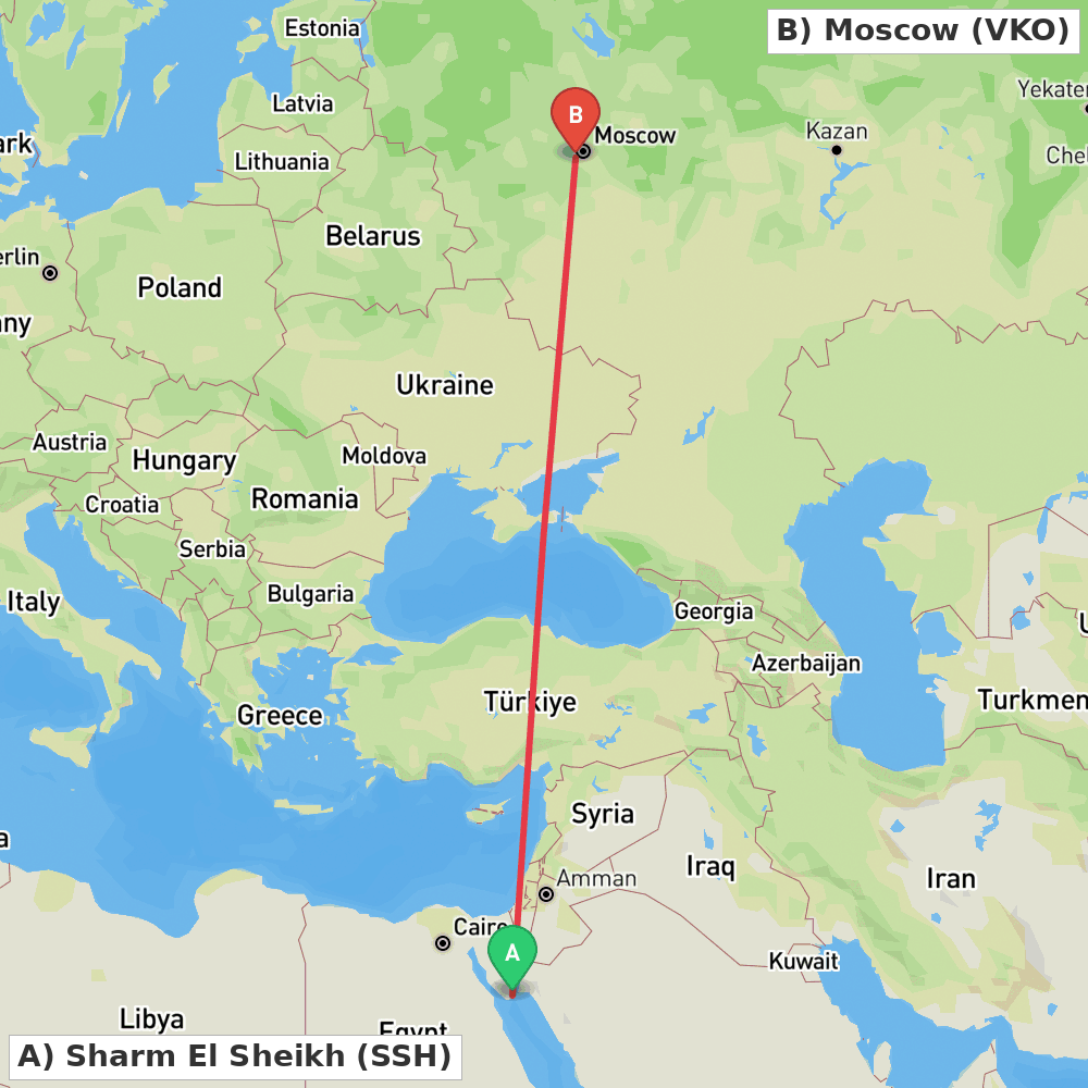 Flight route map from Sharm El Sheikh to Moscow
