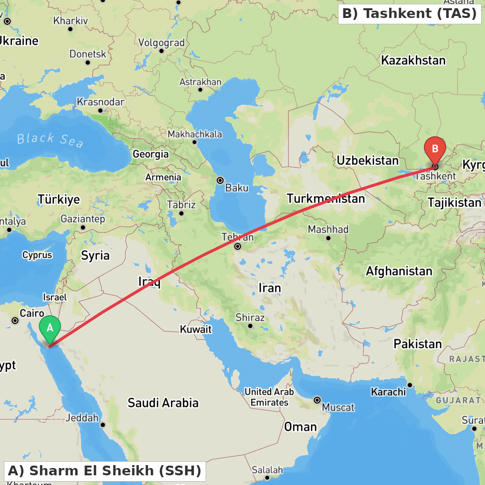Flight route map from Sharm El Sheikh to Tashkent
