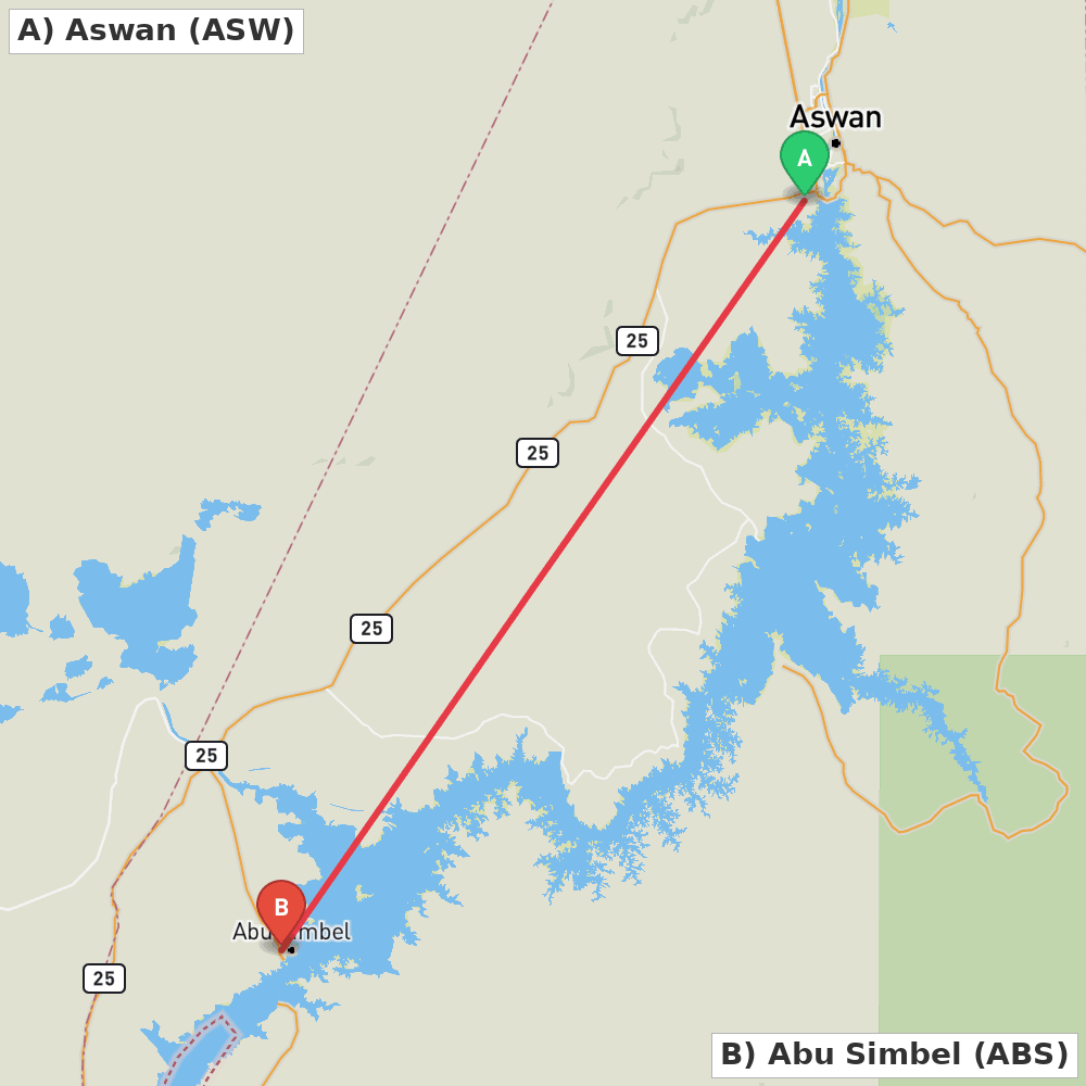 Flight route map from Aswan to Abu Simbel