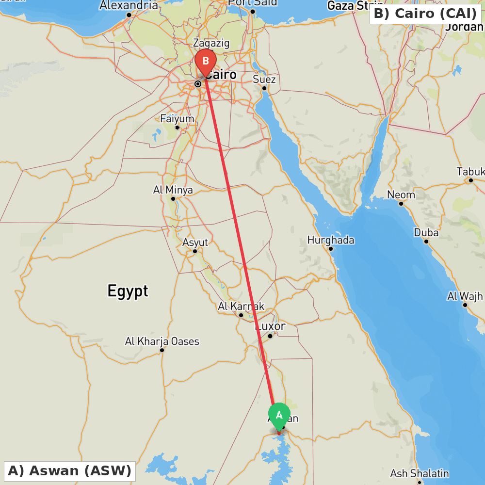 Flight route map from Aswan to Cairo