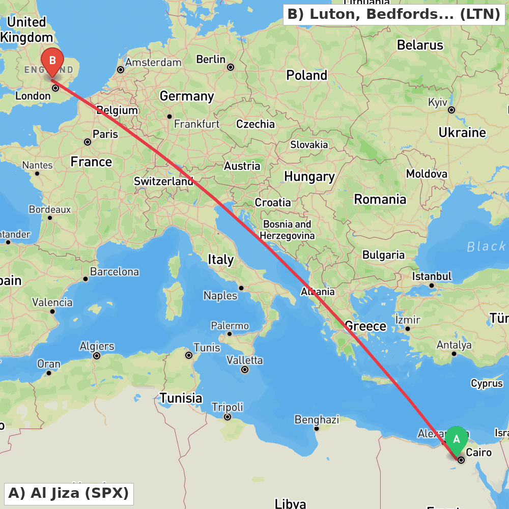 Flight route map from Al Jiza to Luton, Bedfordshire