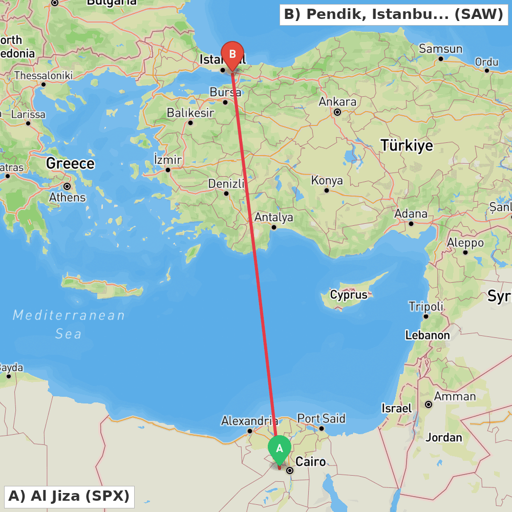 Flight route map from Al Jiza to Pendik, Istanbul