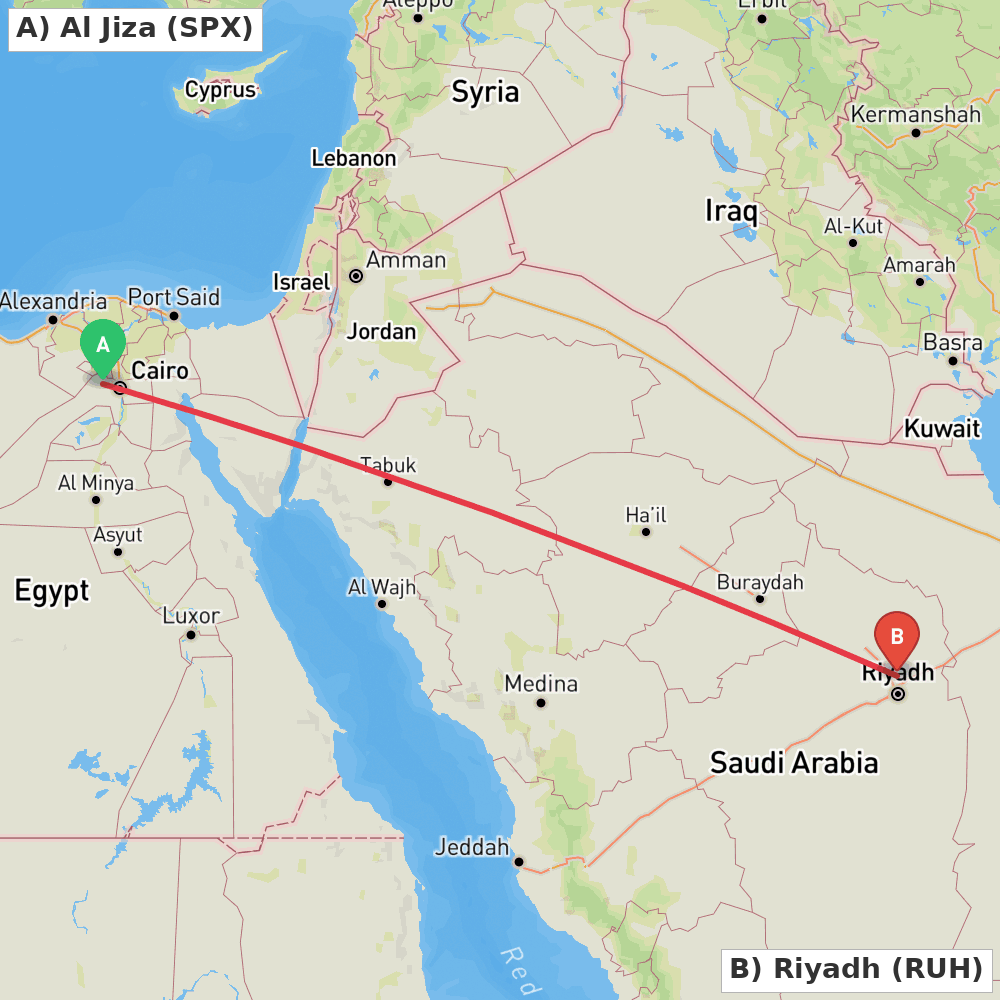 Flight route map from Al Jiza to Riyadh