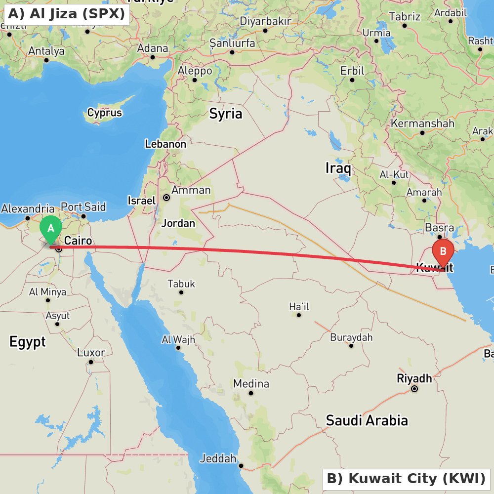 Flight route map from Al Jiza to Kuwait City
