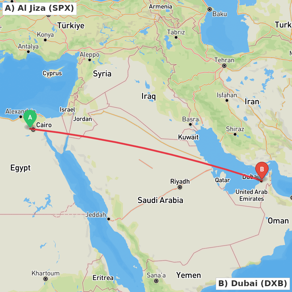 Flight route map from Al Jiza to Dubai